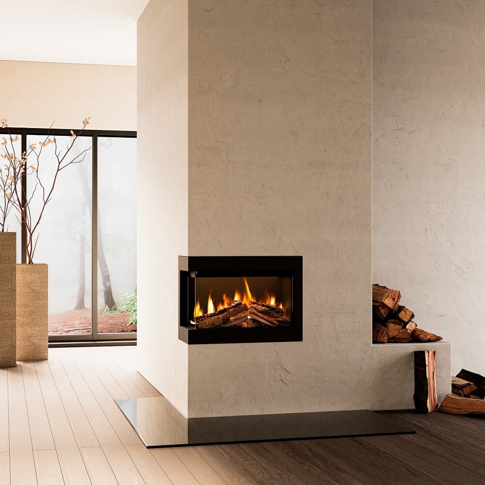 Modern electric fire set into a minimalist chimney breast