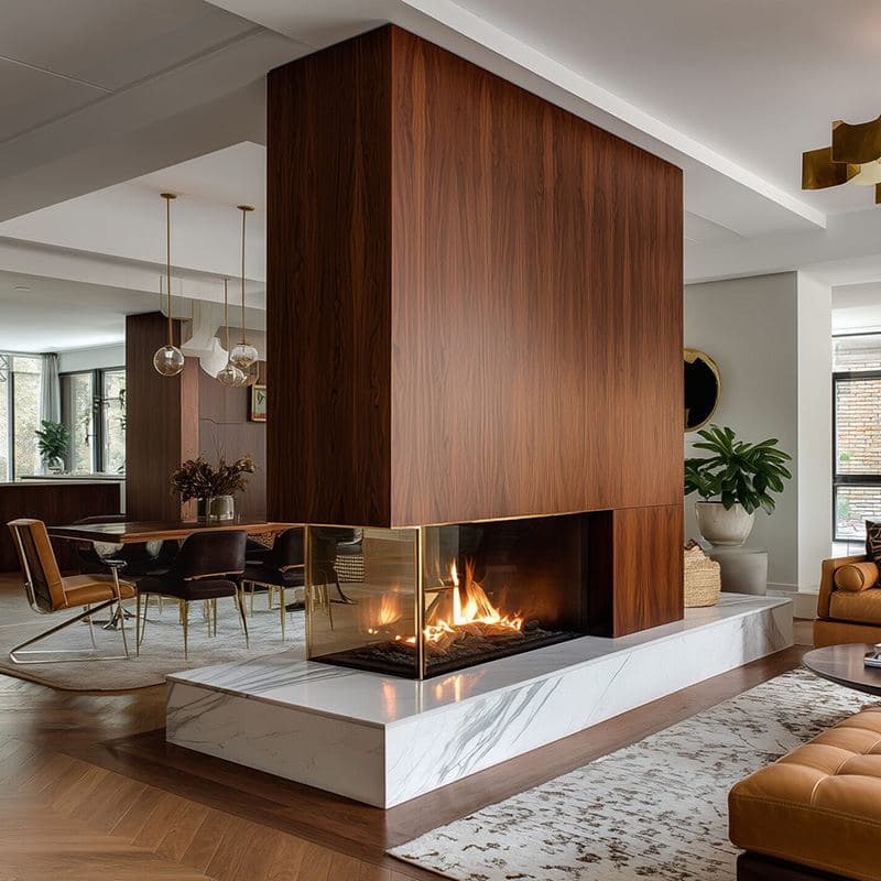 Contemporary gas fire set into a wood-panelled wall
