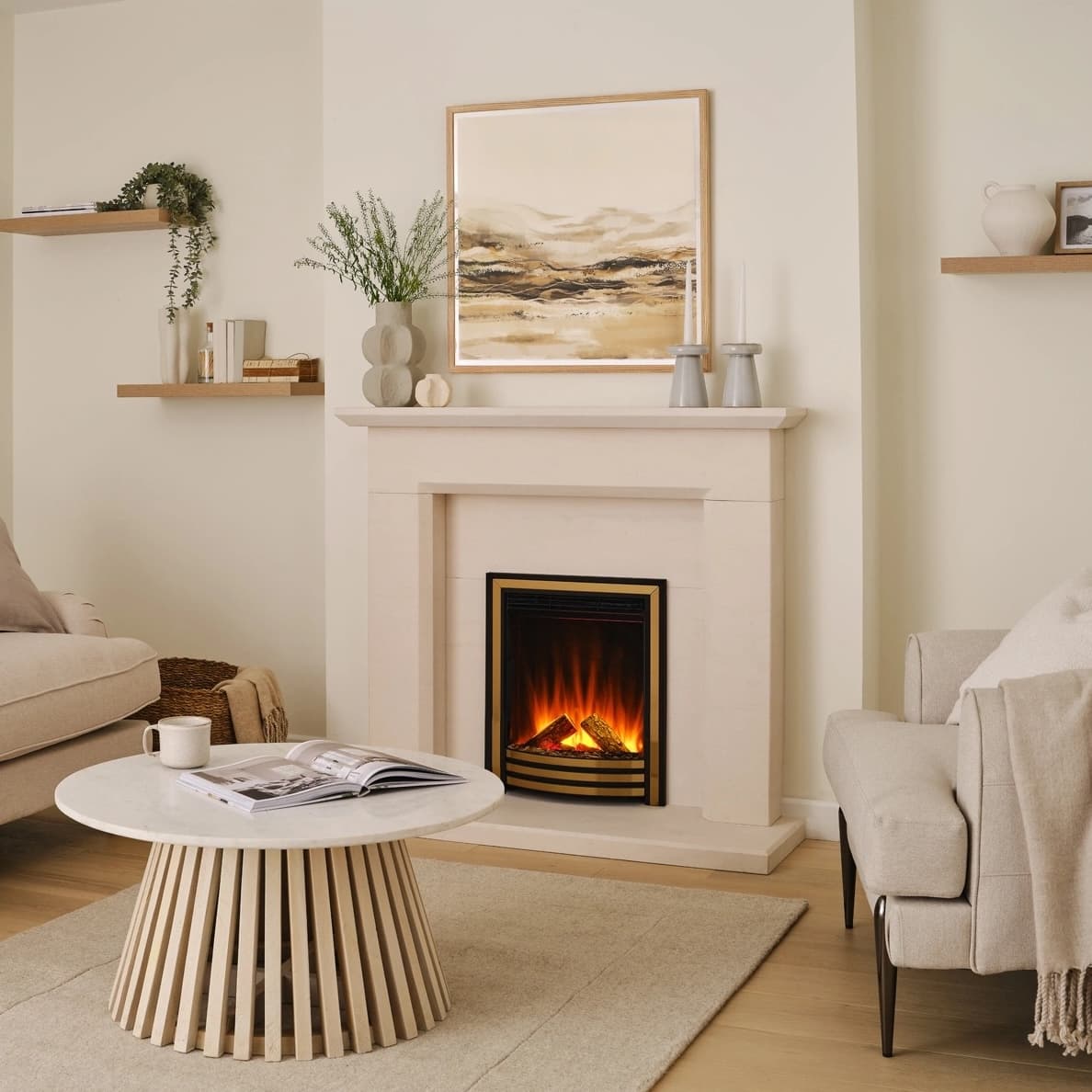 Sutton limestone fireplace with an inset electric fire